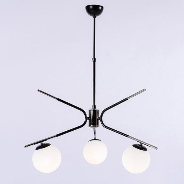 Φωτιστικό κρεμαστό 3 φώτα με οπάλ γυαλί σε μαύρο χρώμα με χρώμιο απόχρωση - Image 2