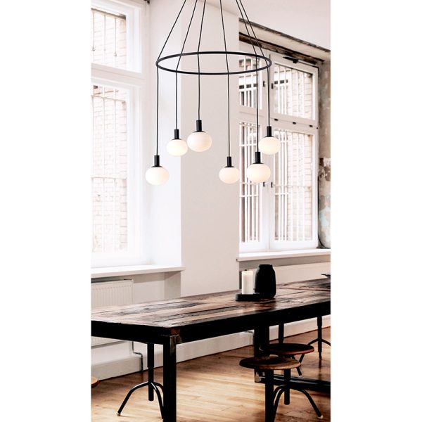 Κρεμαστό Φωτιστικό 6φώτα μαύρο με οπάλ γυαλί Angelo - Image 2