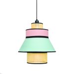 Κρεμαστό Φωτιστικό Μονόφωτο 1ΧΕ27 JAPAN Ροζ-Μέντα Ύφασμα / Ψάθα Ρατάν D42XH190CM