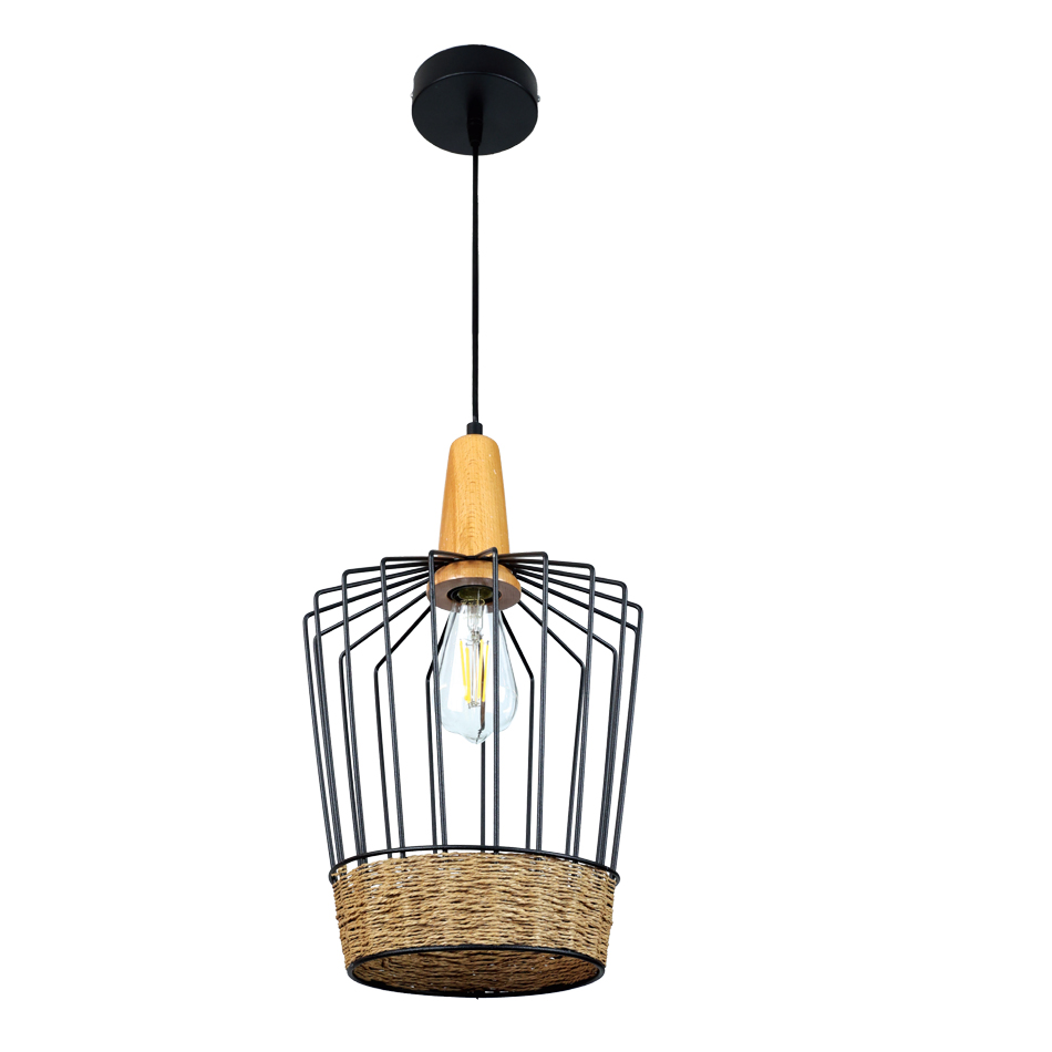 4025 Κρεμαστό φωτιστικό από μαύρο μέταλλο, σχοινί και ξύλο 1XE27 D:26cm (4025-Α) - Image 1