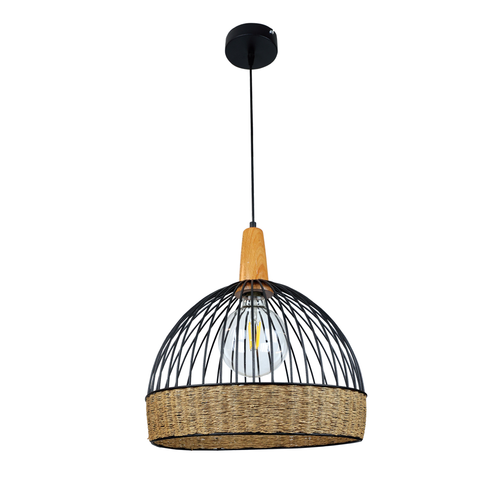 4027A Κρεμαστό φωτιστικό από μαύρο μέταλλο, σχοινί και ξύλο 1XE27 D:35cm (4027-Α) - Image 1