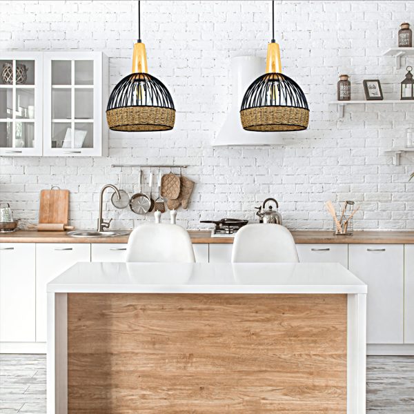 Κρεμαστό φωτιστικό από μαύρο μέταλλο, σχοινί και ξύλο 1XE27 D:20cm (4027-Β) - Image 3