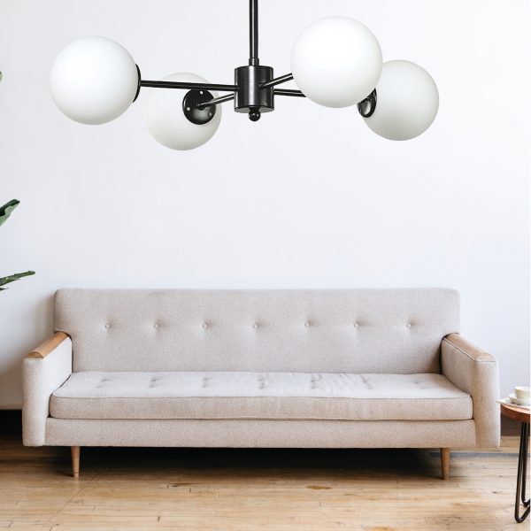 Φωτιστικό οροφής από μαύρο μέταλλο και λευκή οπαλίνα 4XG9 D:50cm (5016-4) - Image 3