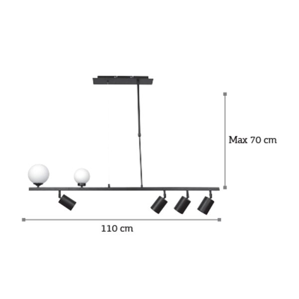 Κρεμαστό φωτιστικό ράγα 6 φώτα με οπαλ μπάλες και σποτ σε μαύρο χρώμα (6168-BL) - Image 3