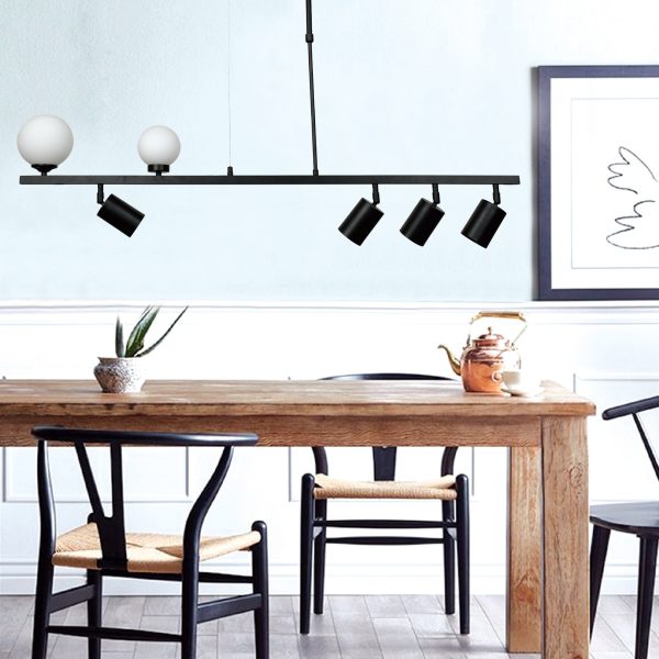 Κρεμαστό φωτιστικό ράγα 6 φώτα με οπαλ μπάλες και σποτ σε μαύρο χρώμα (6168-BL) - Image 2