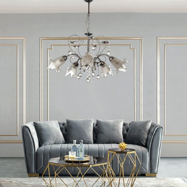 Κρεμαστό φωτιστικό από χρώμιο μέταλλο κρύσταλλα και λευκό γυαλί (5300-5Φ-Χρώμιο) - Image 3